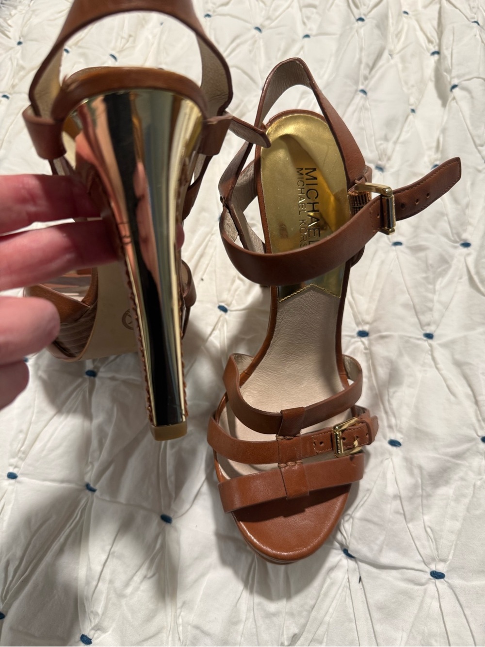 Michael Kors Brown Leather Strappy Platform Sandals with Gold Stiletto Heel